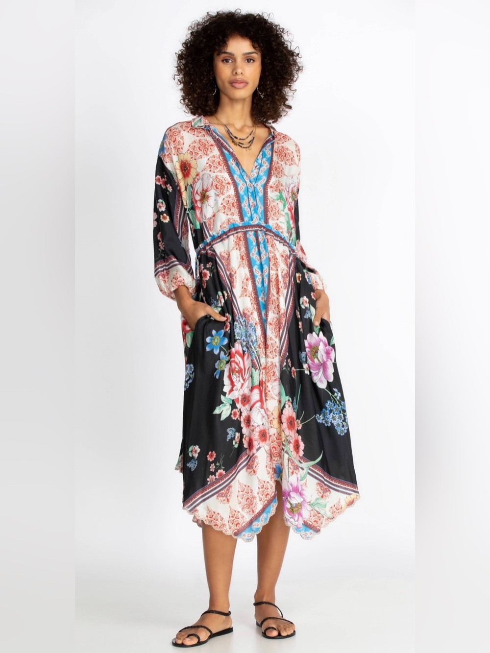 Johnny Was Multicolor Floral Patchwork Silk Handkerchief-Hem Dress